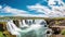 Beautiful vibrant summer panorama picture with a view on icelandic waterfall. Generative Ai