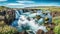 Beautiful vibrant summer panorama picture with a view on icelandic waterfall. Generative Ai