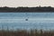 Beautiful vibrant view of Korission Lake Lagoon landscape, Corfu island, Greece with pink flamingos flock, Ionian sea beach and