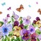 Beautiful vibrant violet flowers and colorful butterflies on white background. Seamless floral pattern. Watercolor painting.