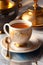 A beautiful Victorian style teacup with lace and gold details. Generative AI_11