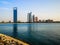 Beautiful view of Abu Dhabi city famous towers, buildings and beach Etihad towers