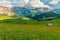 Beautiful view on Alpe di Siusi or Seiser Alm with Sassolungo or Langkofel mountain group in clouds from Seceda