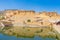 Beautiful view of Amber fort and Amber palace with its large ramparts and series of gates and cobbled paths, Constructed of red sa