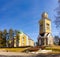 beautiful view of ancient Lutheran Church whith bell tower in kerimaki of southern Savo province on a sunny spring day. The