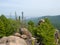 Beautiful view of ancient stone rocks and cedars in the Siberian reserve