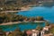 Beautiful view of Barrea lake and the mountain village in Abruzzo