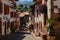 Beautiful view of the Basque village street in summer close to Ostabat in the Pyrenean foothills