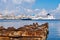 Beautiful view of the bay of Havana in Cuba with old buildings and a rusty iron pier