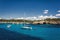 Beautiful view of the bay with turquoise water and yachts in Cala Mondrago National Park on Mallorca island