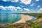 A beautiful view of a beach at the mouth of the Veleka river and seaside resort on the Black Sea coast of Bulgaria