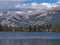 Beautiful view of Beauvert Lake in Jasper, Canada in the Rocky Mountains with canoeing people, holiday resort.