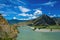 Beautiful view of bend in Katun river with blue bky and clouds in the Altai mountains. Amazing landscape of the river and high
