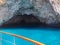 Beautiful view of the blue cave of Paxos island from the deck of the yacht. Clear water with an amazing turquoise hue. Corfu,