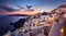 Beautiful view the blue domed churches in the village of Oia, Santorini, Greece, during dusk without people, Generative AI