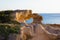 Beautiful view of the blue Mediterranean sea and the rock arch on a Sunny day in Cyprus. Stone landscape of Ayia NAPA. Yellow