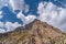 The beautiful view of blue sky and snow mountain summit near to Kaltsit peak in Fann mountains in Tajikistan