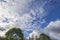 Beautiful view of blue sky with white clouds over tops of forest trees on summer day