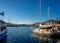 Beautiful view of the Bodrum Down Town marina, Mugla. Turkey. traditional wood and white gulet and sailing yachts and