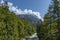 Beautiful view of the Boite river with open sediment from rosk and mountain in Cortina d`Ampezzo, Dolomite mountains, Alps