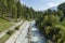 Beautiful view of the Boite river with open sediment from rosk and mountain in Cortina d`Ampezzo, Dolomite mountains, Alps