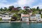 Beautiful View of Bosphorus Coastline in Istanbul with Exquisite wooden Houses and Boat