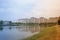 Beautiful view with buildings reflecting on the lake which near hometown