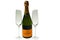 Beautiful view champagne bottle and  two  slim, tall and elegant champagne glasses on white background. Beautiful backgrounds.