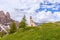 Beautiful view of Chapel di San Maurizio at the Gardena Pass, South Tyrol, Italy