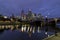 Beautiful view of the city center of Melbourne, Australia, and of the evening Yarra river illuminated by the blue hour light