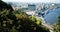 Beautiful view of the city of Kyiv the capital of Ukraine. River station, pleasure boats, yachts. Panorama of a big city