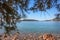 Beautiful view of the clear blue sea with a rocky bottom and the island. View of the Adriatic Sea through pine branches