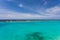 Beautiful view of coast line of Atlantic ocean.Turquoise sea water and blue sky. Curacao island..