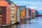 Beautiful view of the colorful wooden buildings of Trondheim Canal,  Norway