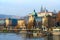 Beautiful view of embankment of Vltava River, Strakov Academy Government House of Czech Republic, Prague Castle, Prague