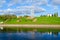 Beautiful view of embankment of Zapadnaya Dvina river and memorial complex Three bayonets, Vitebsk, Belarus