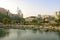 Beautiful view of empty Souk Madinat Jumeirah during sunset. Old and new styles. Beautiful view of Dubai district with restaurants