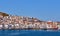 Beautiful view of Ermoupoli town, Syros island, Greece, St Nicholas orthodox church, summer day. Colorful houses, harbor