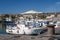 Beautiful view of the Etna volcano covered with snow from the port of Catania on a sunny day, Sicily, Italy