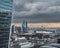 Beautiful view of the Fenchurch Building (The Walkie-Talkie) in with gray cloudy sky horizon