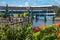 Beautiful view of flowers, lake and Bayside Stadium at Seaworld 3.