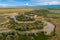 A beautiful view of the forest, fields and river from above. Drone photography of the city