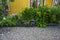 Beautiful view of frontsize of yellow wooden house whith flowers under window. Country style.