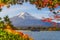 Beautiful view of Fuji san mountain with white cloud and blue sky wtih travel boat,winter morning fog in autumn season