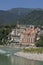 Beautiful view of Ganges river embankment and temple in Rishikesh, India