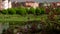 Beautiful view of the German village. Green square with a lake and views of the city landscape.Green trees near the lake