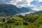 Beautiful view from the Glenfinnan Trail View Point on the Loch Shiel surrounded by mountains during sunny day in Glenfinnan