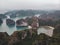 Beautiful view of Halong Bay from the height. Top view of the rocks sticking out of their water. northern vietnam