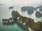 Beautiful view of Halong Bay from the height. Top view of the rocks sticking out of their water. northern vietnam. Seascape.