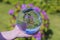 Beautiful view of hand holding crystal ball with inverted image of blooming purple rhododendron.